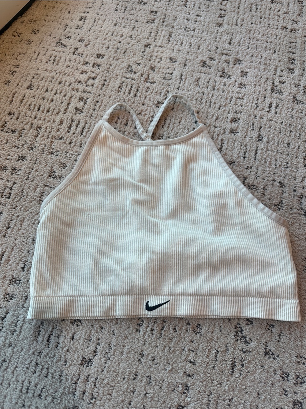 Nike Women's Cream Ribbed High-Neck Sports Bra with Black Swoosh